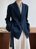 Nukty Long Sleeves Loose Asymmetric Buttoned Pockets Solid Color Tied V-Neck Blazer Outerwear