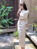 Nukty party look inspos Autumn New Chinese Style Satin 2-Piece Set Vintage Short Blazer High Waist Hip-Wrapped Pencil Skirt Suit Women Luxury Clothing