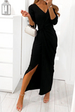 Nukty - Elegant Solid Slit Fold V Neck Evening Dress Dresses(4 Colors)
