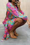 Nukty - Casual Print Patchwork V Neck Irregular Dress Dresses
