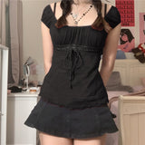 Nukty y2k Aesthetic Lace Tops Fairy Grunge Women Short Sleeve Drawstring Tshirt Off Shoulder Clothes Korean Fashion T Shirt Streetwear