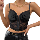 Sexy Lace Corset Cami Hollow Out Tank Top Female See Through Club Party Streetwear Sleeveless Slim Black Goth Crop Tops