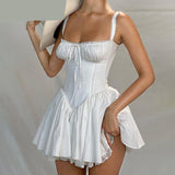 Nukty High-quality Lace Panel A-line Dress White Coquette Party Holiday Sleeveless Mini Corset Dresses Elegant Sweet Robe New