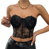 Sexy Lace Corset Cami Hollow Out Tank Top Female See Through Club Party Streetwear Sleeveless Slim Black Goth Crop Tops