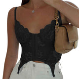 Sexy Lace Corset Cami Hollow Out Tank Top Female See Through Club Party Streetwear Sleeveless Slim Black Goth Crop Tops