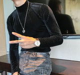 Nukty Velvet Turtleneck T-Shirt Fall Winter Slim Striped Casual T-Shirt Men Long Sleeve Tight T-Shirt Club Costume Camiseta Homme