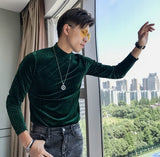 Nukty Velvet Turtleneck T-Shirt Fall Winter Slim Striped Casual T-Shirt Men Long Sleeve Tight T-Shirt Club Costume Camiseta Homme