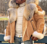 Fashion Casual Mens Leather Jacket Autumn Winter New Brown Fur Collar Zipper Long Sleeve Mens Leather Jacket