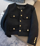 Nukty Small Fragrance Women Black Tweed Outerwear Autumn Winter Golden Button Blends Wool Female Long Sleeve Jacket Coat