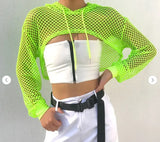 Nukty Y2K Sexy Transparent Green Tops Cropped Hot Summer Long Sleeve Knit Beach Top Tees Slim Clothes Casual Club Streetwear