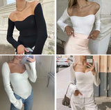 Nukty Spring Women's Sweater Square Neck Long Sleeve Knitted Sweater Pullover Jumper Fashion Elegant Knit Top White Black