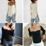 Nukty Spring Women's Sweater Square Neck Long Sleeve Knitted Sweater Pullover Jumper Fashion Elegant Knit Top White Black