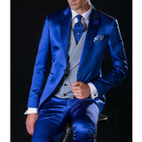Nukty Royal Blue Satin Men Suits for Wedding with Gray Waistcoat Slim Fit Groom Tuxedos Male Fashion 3 Pieces (Jacket+vest+Pants)