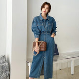 Nukty Woman Denim Overalls Streetwear Turn-down Collar Slim Denim Dress Women Elegant Long Sleeve Women Split Jeans Dress Femme