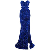 Royal Blue Sparkles Stretch Sequin Strapless Floor Length Party Dress Padded Backless Split Evening Night Sleeveless Dress