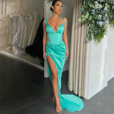 Sexy Mermaid Evening Dresses High Split Side V Neck Exposed Boning Formal Long Prom Gowns Zip Back Vestidos De Fiesta Hot