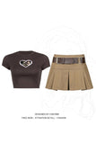 Nukty Fat Women Camouflage Love Print T Shirt Short Sleeve Crop Top + Pleated Khaki Skirt Set with Belt Punk Student Women Set Plus
