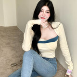 Contrasting Square Neck Sweater T-shirt Women's Autumn Design Sense Short Tight-fitting Inner Base Shirt White Long-sleeved Top