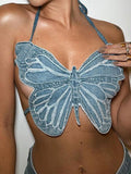 Butterfly Tube Tops Denim Lace-up Corset Sexy Outfits Halter Neck Backless Cami Streetwear Y2K Clothes Black Crop Top Strapless
