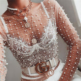 Nukty Pearl Top Women Mesh Top Spring Ladies Long Sleeve Transparent Sexy Top Cover Up Clubwear