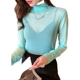 Nukty Size M-3XL Girls Colorful Mesh T-Shirts Tees Female Transparent Long Sleeve Turtleneck Thin Tshirt Tops Women Spring Fall