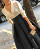 Nukty New Arrival V Neck White Black Evening Dress Short Simple Evening Dresses Abiye Cheap Evening Gowns vestido mulçumanos