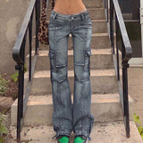 Patchwork Y2K Cargo Jeans Vintage High Waist Straight Baggy Pants Women Denim Jeans Blue Harajuku Streetwear Trousers
