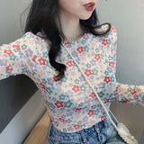 Nukty Angel Print Sheer Blue Black Mesh Long Sleeve Blouse Shirts Women Spring Summer Pullovers Elegant Sexy See Through Tops