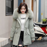 Medium Long Hooded Parka With Fur Collar Winter Jackets For Women Casual Cotton Liner Coat Adjustable Waist