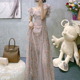 Nukty Vintage Chiffon Midi Dress Women Floral Print Design Korean Party Split Dress Female Summer Evening Beach Boho Dress Casual