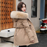 Medium Long Hooded Parka With Fur Collar Winter Jackets For Women Casual Cotton Liner Coat Adjustable Waist