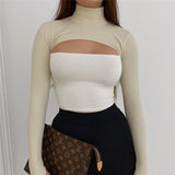 Sexy Knitted Turtleneck Short Top Women Fashion Long Sleeve Streetwear Tshirts  White Tees