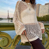 Nukty Women Hollow Out Crochet Sweater Vintage Fairycore Grunge Smock Knit Pullovers Fishnet Bathing Suit Cover Ups Swimwear