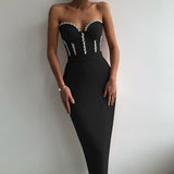 Nukty Sexy Strapless Women Dress Bandage Bodycon New Elegant Beading Party Evening Club Midi Dresses Summer Autumn Clothes