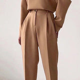 Casual Pants Suit Women Fashion Long-sleeved Round Neck T-shirt Top Autumn Elegant Solid Color Pleated Slim Trousers Office