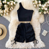 Nukty Casual Women 2 Piece Set Solid Summer Fashion One Shoulder Sleeveless Crop Top and Drawstring Shorts Workout Tracksuits