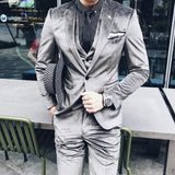 Nukty New Trendy Silver Velvet Men Suits Nothched Lapel Three Pieces Formal Prom Blazers For Male Hot Sale Mens Sim Fit Suits Set