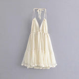 Nukty Summer New Solid Color Lace Stitching V Neck Sexy Backless  Mesh Short Dress Camisole Holiday Beach Dress Female