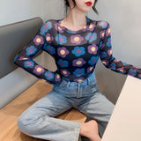 Nukty Angel Print Sheer Blue Black Mesh Long Sleeve Blouse Shirts Women Spring Summer Pullovers Elegant Sexy See Through Tops