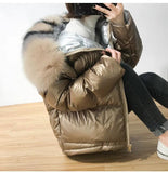 Nukty Gold Silver Double Side Down Coat Winter Jacket Women Big Aritificial Fur White Duck Down Parkas Female Down Outerwear