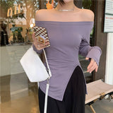 Nukty New Women's Slim Off-shoulder Full Sleeve T-shirts Girls Solid Stretchy Irregular Split Tshirt Tops Slash Neck Tees