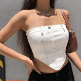 Nukty White Strapless Cropped Tube Top Women Sexy Backless Boob Tube Crop Tops Zipper Black Thread Camisole Summer