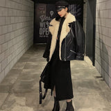 High Street Motorcycle Fur Women's Winter Jacket Vintage V Neck Belt Long Lamb Wool Coat Warm Women PU Letter Jackets