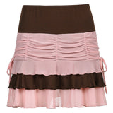 Nukty Y2K Aesthetic Pleated Skirts Women Low Waist Ruffles Mini Skirt Patchwork Pink Mesh Cute Kawaii Brown Bodycon Vintage Clothes