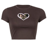 Nukty Fat Women Camouflage Love Print T Shirt Short Sleeve Crop Top + Pleated Khaki Skirt Set with Belt Punk Student Women Set Plus