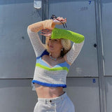 Knitted Crop Top Women Beach Y2K T Shirts Sexy Summer Tee Female Patchwork Hollow Out Tops Vintage Casual Fashion Streetwear