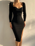 Nukty Knit Knee  Length Dresses For Women Sexy Square Collar Elegant Long Sleeve Bodycon Side Split Chic Fall Fashion Dress