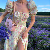 Short Puff Sleeve Floral Dress Women Bandage Backless Midi Summer Dresses Lace-up High Split Long Dress Vestidos
