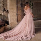 Elegant A-Line Rose Pink Prom Dresses Puff Sleeve Off The Shoulder Backless Soft Tulle For Women Party Gown Sweep Recommend