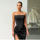 Nukty Elegant Strapless Long Party Dresses Women Sexy Slit Floor Length Satin Dress Vintage Formal Corset Maxi Dress Black Red